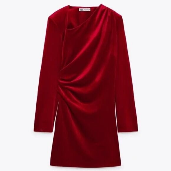 NWT ZARA Velvet Draped Asymmetric Neck Padded Shoulders Mini Dress Sz Medium Red - Picture 8 of 15